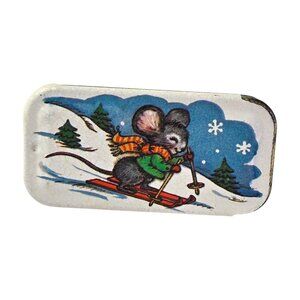 Miniature Tin Potpourri Press Mouse Skiing Match Safe Sliding Box USA VTG Xmas